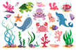 Flat cute sea animals, marine plants and fishes. Ocean life with funny characters of turtle, octopus, starfish, crab and squid. Happy dolphin and whale. Underwater reef, corals, shells and seaweed set