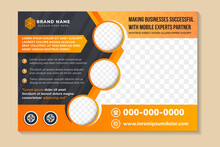 Making Businesses Successful With Mobile Expert Partner Banner Design Template ,Abstract Geometric Horizontal Layout, Vector Illustration For Social Media Post, Presentation. Space For Photo And Text