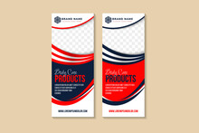 Body Care Products Business Roll Up Banner Flat Design Template ,Abstract Geometric Vertical Layout Banners, Vector Illustration Set, Presentation Brochure Flyer. Space For Photo Collage And Text