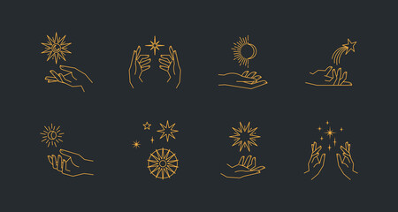 Wall Mural - Aesthetic astral hands. Collection of cosmic and celestial elements with sun, moon and stars. Isolated editable linear vectors.