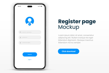 Poster - Register screen. Mobile application interface, registration form with login and password fields. Website UI UX with buttons and network account sign. Vector web page mockup for smartphone.