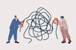 Vector illustration of Man and woman yarn ball thread leading to its core. Creative concept for relationships.