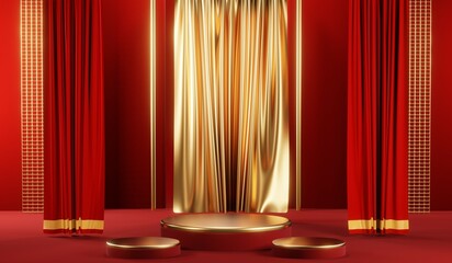 Wall Mural - 3D rendering of blank product background for cream cosmetics Modern red podium background