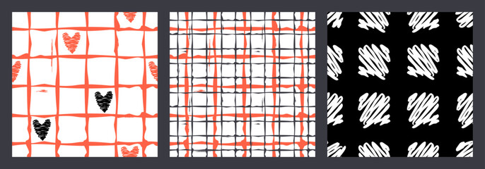 Wall Mural - simple abstract seamless pattern set.hand drawn white shape on black, red heart,rough checkered.endl