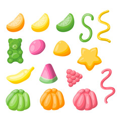 Sticker - Cartoon Color Gummy Jelly Candy Icon Set Flat Design Style Concept. Vector illustration of Gum Dessert