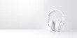 Headphones on panoramic white background. podcast concept.