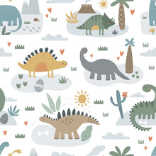 Vector Seamless Pattern With Cute Dinos On White