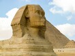 Closeup shot of the body of Sphinx in desert with the Great Pyramid of Giza in the background