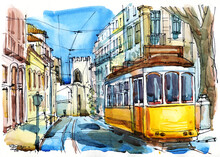 Old Tram Lisbon Portugal. Watercolor Travel Sketch. Lisbon Cityscape. Portugal Architecture. Streets Of The Old City