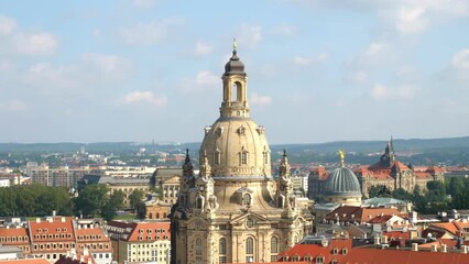 Wall Mural - Aerial view of Dresden to church of our lady, Semperoper, Bruehl's Terrace and Cathedral. Travel and sights of city breaks. landmarks, travel guide Europe. Frauenkirche in Dresden, Germany