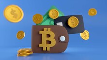 Brown bitcoin wallet with coins and cash isolated on blue background. online store, finance, banking, money saving, bitcoin, cashless society concept. 3d rendering illustration.