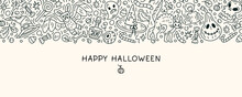 Halloween Doodle Banner With Various Celebration Decorative Elements. Skulls, Bats, Pumpkins, Sweets, Ghosts, Witch Hats, Candles, Autumn Leaves. For Mailing Lists, Websites, Social Media And Prints