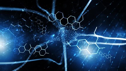 Poster - blue shining neuron cell and chemical bonds animation.