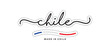 Made in Chile, new modern handwritten typography calligraphic logo sticker, abstract Chile flag ribbon banner