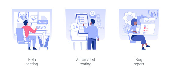 Wall Mural - quality assurance team isolated concept vector illustration set. beta testing, automated testing, bu