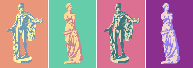 Statues of Venus de Milo (goddess of love) and Apollo Belvedere in four trendy color. Stilization of light and shadow. Vector illustration, EPS 10. The concept of classical sculpture, pop art style.