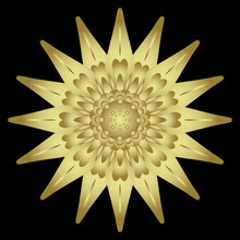 Single Head Of Gazania Flower. Geometrical Star Shape. Round Botanical Mandala. African Daisy Or Aster. Abstract Floral Design. Golden Glossy Silhouette On Black Background.