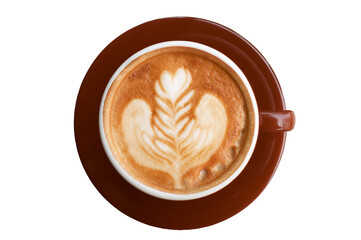 PNG. Coffee in brown cup and leaf, heart pattern.