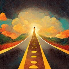 Businessman walking road to success, reaching amd winning his goals be it financial personal or business, motivation and inspirational poster, illustration