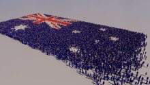 A Crowd Of People Congregating To Form The Flag Of Australia. Australian Banner On White.