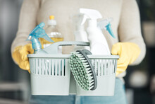 Closeup Of House Cleaning Supplies, Floor Scrubbing And Washing Tools Or Products In An Organized Basket. Cleaner, Housekeeper Or Maid With Spray Bottles And Hygiene Equipment For Work Or Chores