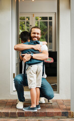 Sticker - Hugging, love and care between a father and son bonding outdoors at their family home. Loving, positive and smiling man embracing his little boy. Happy male showing his child affection while playing.