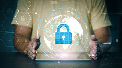 Wall Mural - cybersecurity management with online authentication technology businessmen use tablets and display v