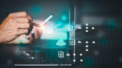 Wall Mural - a young businessman is using a laptop to access security systems. two-factor authentication 2fa inte