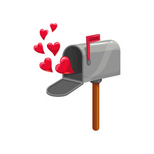 Open Mailbox With Hearts And Red Flag Isolated. Vector Post Box, Valentines Day Letterbox