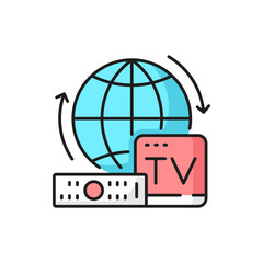 Leinwandbilder - Internet television and media outline icon TV box, remote control and globe. Online TV and multimedia content broadcasting, telecommunication technology thin line vector sign or linear icon