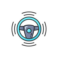 Self and autonomous driving car technology outline icon with steering wheel. Vehicle driving smart assistant, automated parking or car autopilot innovation thin line vector sign or pictogram