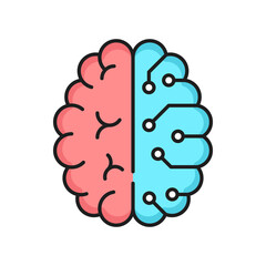 Aufkleber - Artificial intelligence, digital technology outline icon with human brain and computer circuit. Data cloud storage, neural or cybernetic science and robot learning thin line vector symbol or pictogram