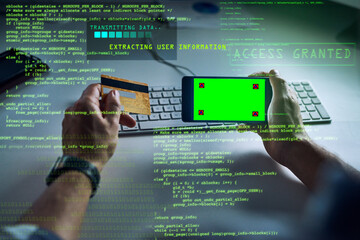 Poster - Hacking credit card with phone, green screen chromakey markers or copy space and sci fi graphic data. Cyberpunk, information technology or software hacker man stealing online or phishing with malware