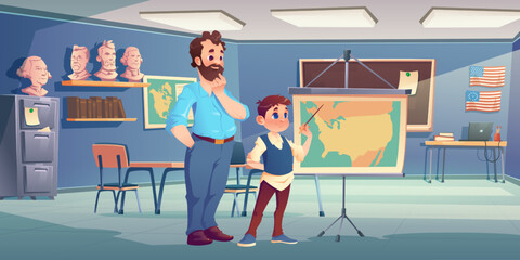 Teacher and schoolboy at geography lesson cartoon illustration. Vector image of boy pointing at map and bearded male professor smiling in classroom. Busts of scientists, book shelf, blackboard on wall