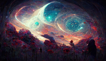Wall Mural - Fantasy fairy tail abstract wallpaper with galaxy space Universe illustration in background with stars, planets and colorful blue, pink, red, orange, teal, turquoise clouds and sky with milky way