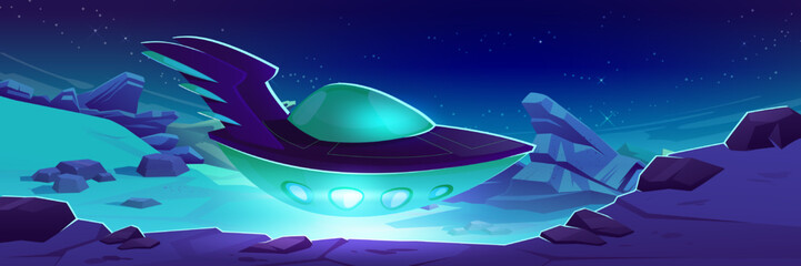 Wall Mural - alien spaceship fly above planet surface. futuristic scene with cosmic landscape of planet or moon w