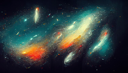 Wall Mural - Abstract cosmos background art with galaxies, universe, stars, planets and dark clouds in the night, fantasy fairy tail wallpaper drawing painted illustration with cosmic swirls