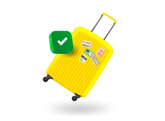 Aufkleber - Yellow travel suitcase with checkmark icon. 3d vector illustration