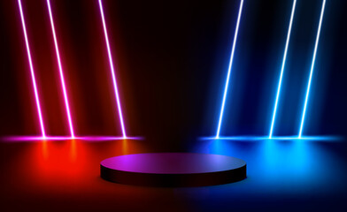 Aufkleber - illuminated interior with neon light and podium. 3d vector illustration
