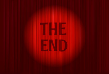 Poster - Red cinema curtains with light beam and unscription The end. Vector illustration