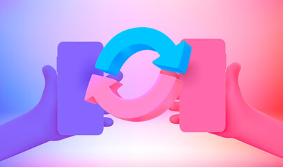 Leinwandbilder - Data transfer concept with modern mobile phones. 3d vector illustration with holographic effect