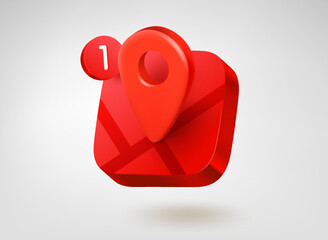 Poster - Red location pin button. 3d vector mobile application icon