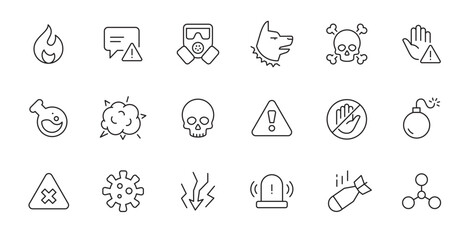 Wall Mural - danger biohazard line icon set. fire danger, toxic, chemical radiation sign. virus, bomb, gas mask a