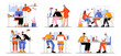 People work together in office. Concept of business meeting, job training, leadership, internship with mentor. Vector flat illustration of employees or trainees on workplace