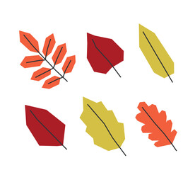 Wall Mural - Vector isolated illustration set with flat botanical elements. Geometrical symbols of autumn nature - branches of leaves. Red, orange and yellow decorative fall objects on white background