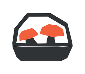 Wall Mural - Vector isolated illustration with botanical elements - mushroom basket. Orange and black symbol of autumn harvest from forest. Decorative minimalistic fall orange-cap boletus on white background