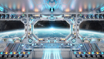 Leinwandbilder - White spaceship interior with glowing blue and red lights. Futuristic spacecraft with large window view on planet Earth. 3D rendering
