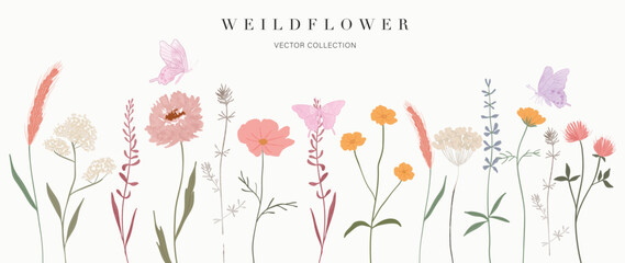 Fototapete - Set of botanical vector element. Collection of butterfly, flowers, wildflowers, wild grass in hand drawn. Watercolor floral garden illustration design for logo, wedding, invitation, decor, print.