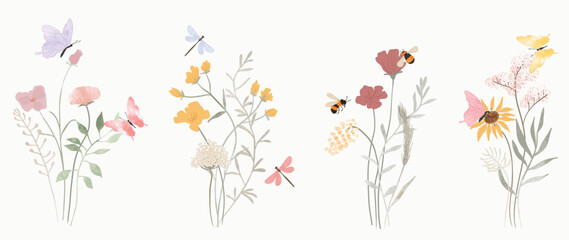 Fototapete - Set of botanical bouquet vector element. Collection of dragonfly, bee, butterfly, flowers, wildflowers, wild grass. Watercolor floral illustration design for logo, wedding, invitation, decor, print
