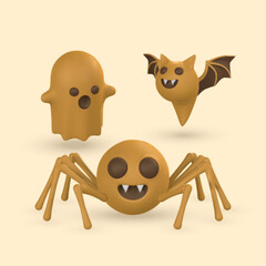 Wall Mural - Cute cartoon 3d Halloween ghost, bat and spider. Halloween concept. Vector illustration